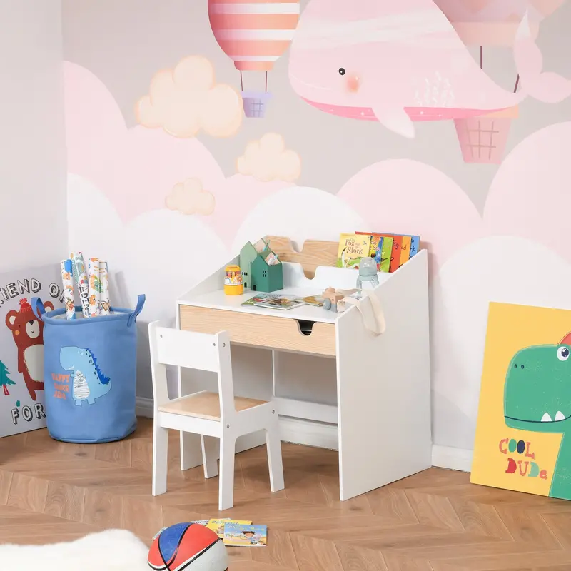 Children’s Study Desk and Chair Set – Pull-Out Drawer, Bookshelf & Adjustable Height for Ages 3–6