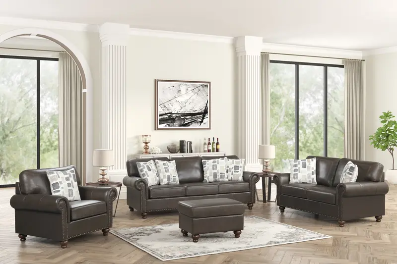 Chocolate Top-Grain Leather 4-Piece Living Room Ensemble: Sofa, Loveseat, Chair, and Ottoman
