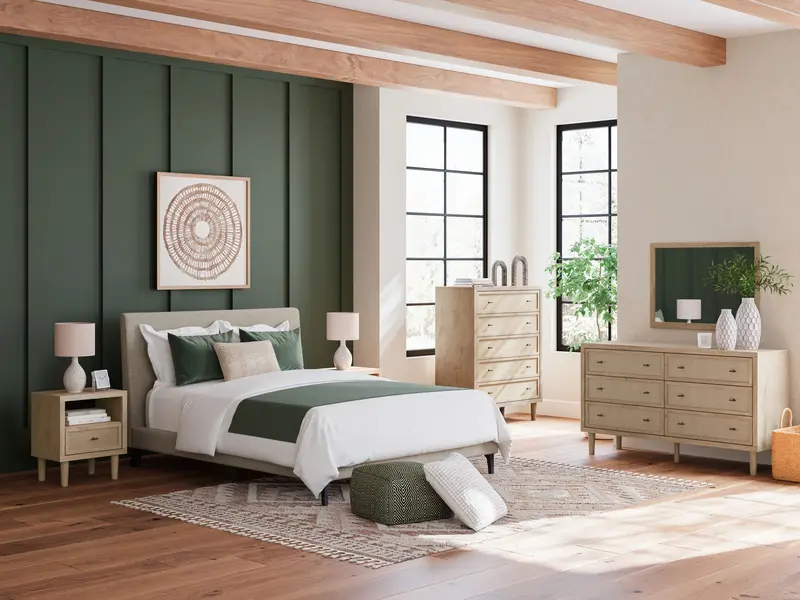 Cielden Upholstered Bedroom Suite – Bed, Nightstands & Dresser