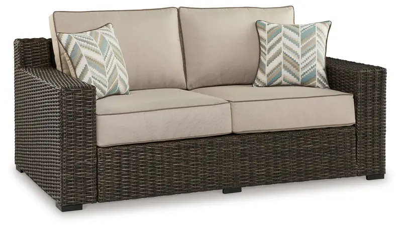 Coastline Bay Brown Upholstered Loveseat with Comfort Cushions