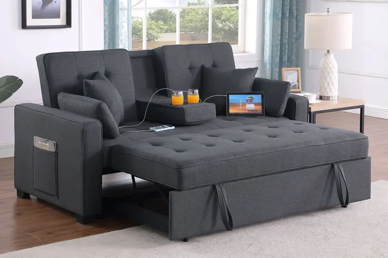 Cody II Convertible Sleeper Loveseat – Dark Gray with Cup Holders & USB Charging