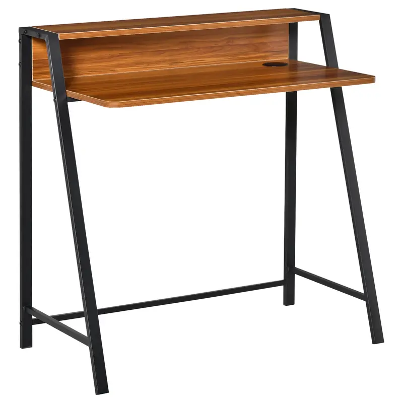 Compact Walnut-Finish Writing Desk with Integrated Storage and Laptop Shelf