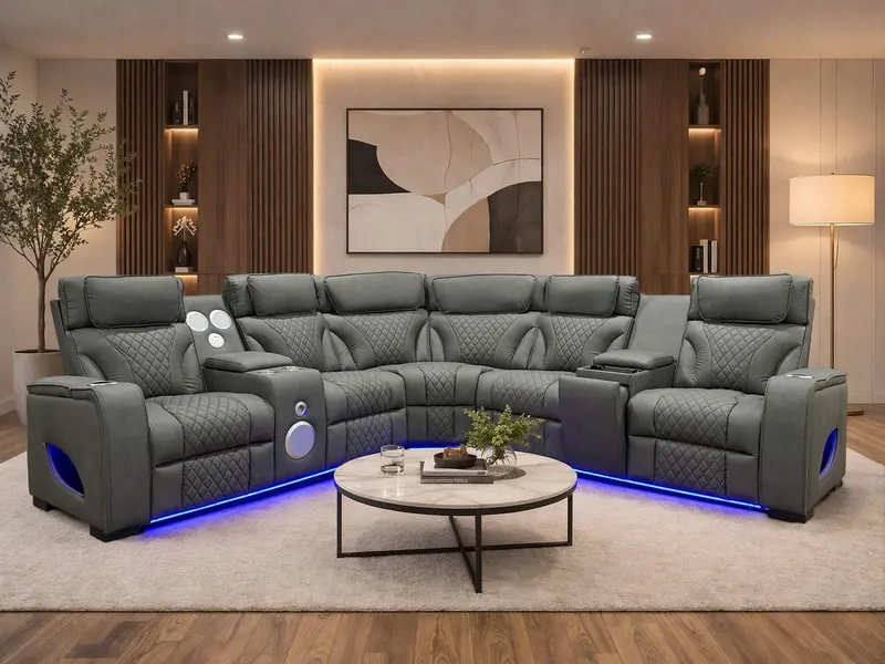 Contemporary Gray Power Reclining Sectional with LED Lighting, Wireless Charging & Premium Audio