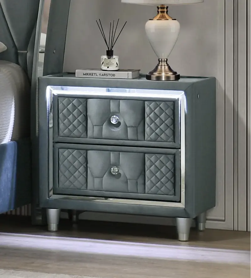 Contemporary Gray Velvet LED Nightstand with Tempered Glass Top