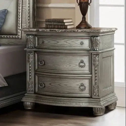 Contemporary Grey Nightstand Featuring Brown Marble Top & Sleek Design