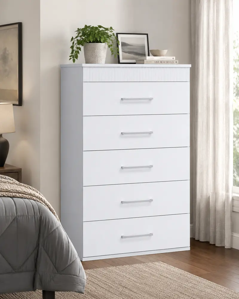 Contemporary White 5-Drawer Chest for Compact or Modern Bedrooms