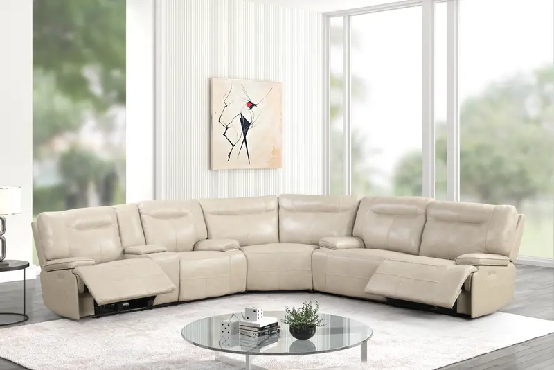 Cream Top-Grain Leather Power Reclining Sectional with Center Console and Wireless Charging Pad