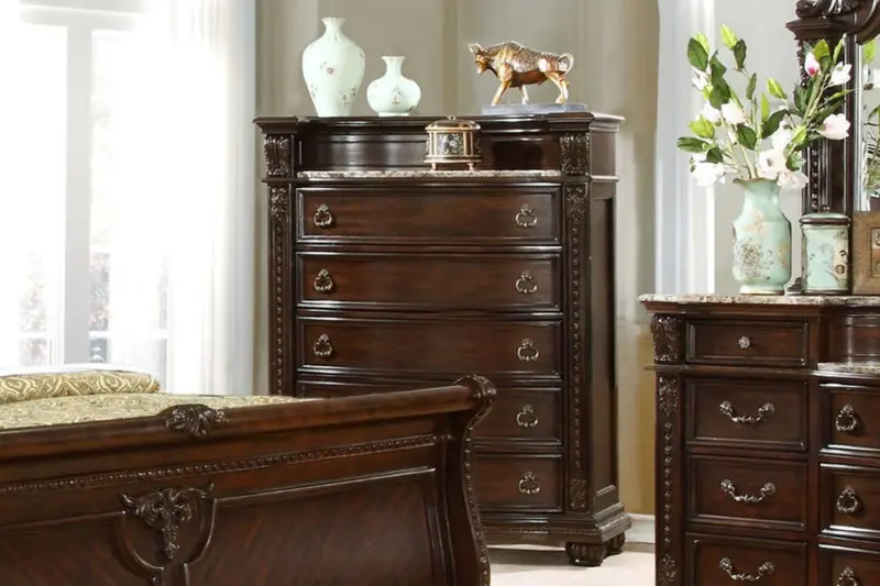 Dark Cherry 5-Drawer Chest with Intricate Carved Accents