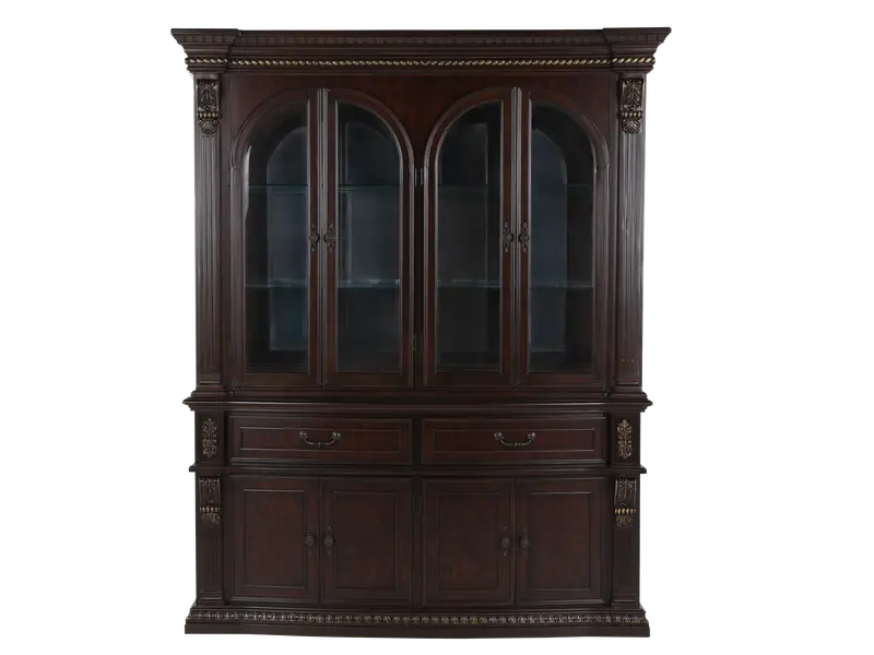 Dark Cherry Traditional China Cabinet Buffet and Hutch with Glass-Front Display Shelving