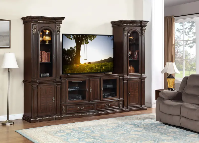 Dark Cherry Traditional Entertainment Center with Lighted Tower Piers and Media Storage