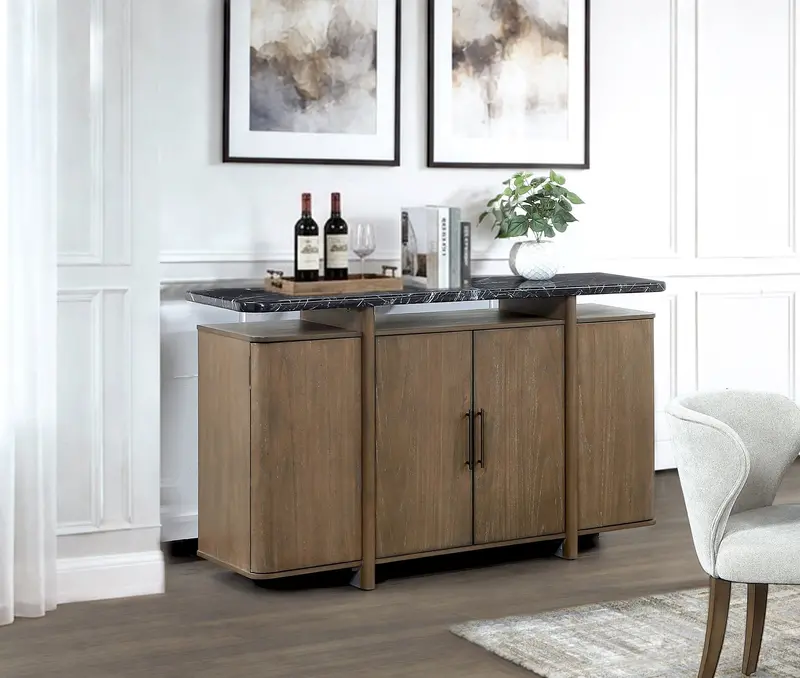 Dark Walnut Sideboard Buffet Cabinet with Black Marble-Look Finish – Contemporary Storage Solution