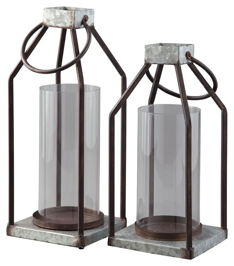 Diedrick Gray-and-Black Lantern Pair – Weathered Metal Indoor/Outdoor Set