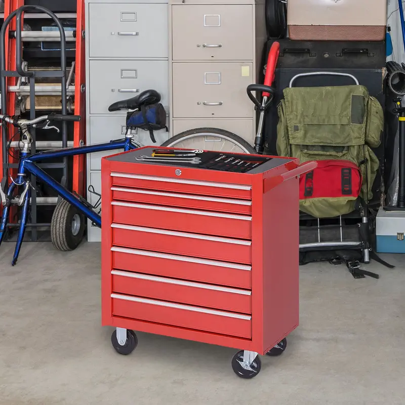 DURHAND Heavy-Duty 7-Drawer Steel Tool Cabinet – Mobile Red Tool Chest with Casters