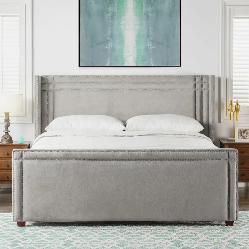 Elle Silver Gray Wingback Upholstered King Bed Frame