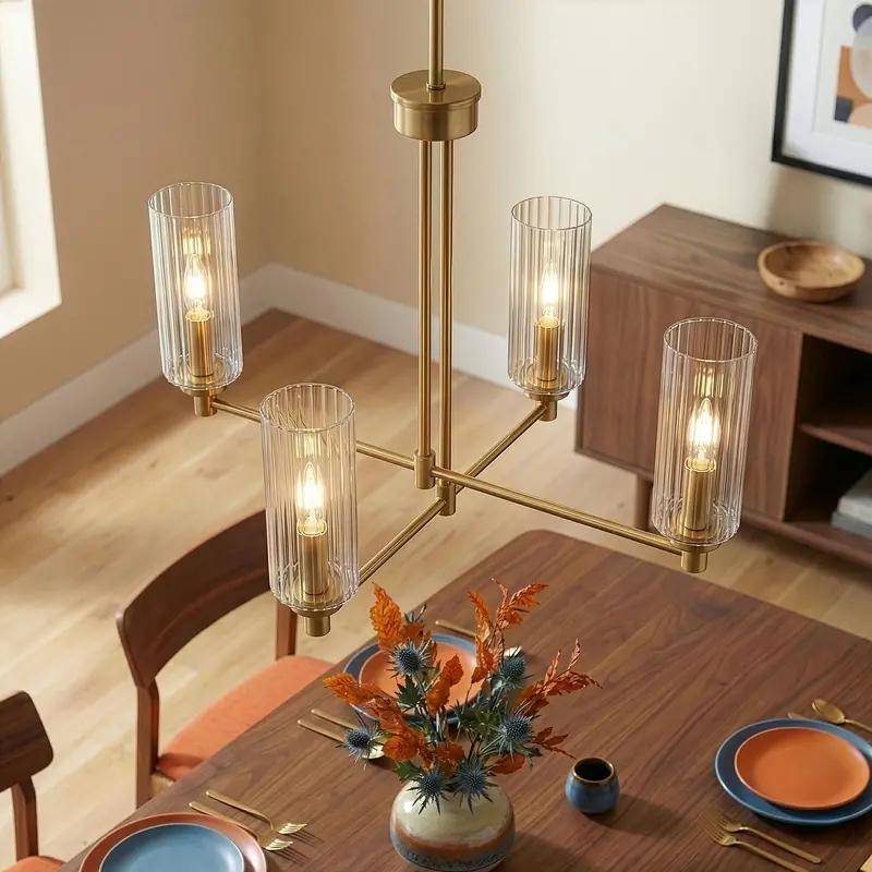 Enigma Four-Light Chandelier – Antique Brass Fixture with Clear Ribbed Glass