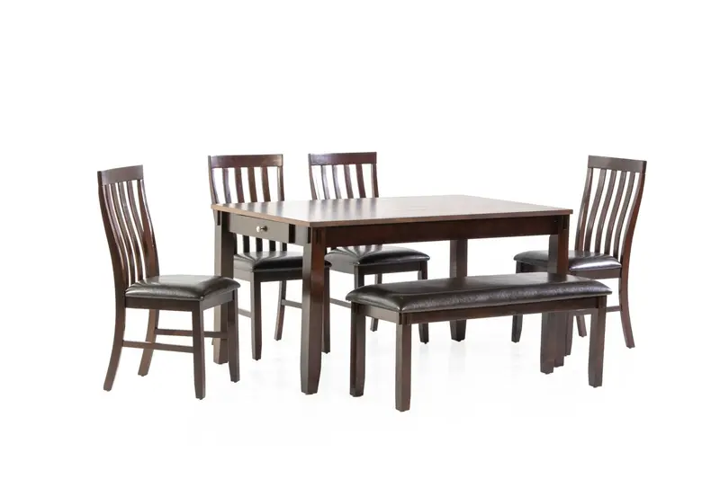 Espresso 6-Piece Dining Room Set Featuring Bench and Upholstered Chairs
