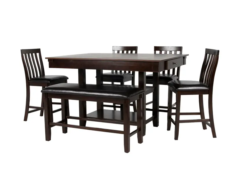 Espresso Counter-Height Dining Set: Storage Table, Four Stools, and Bench