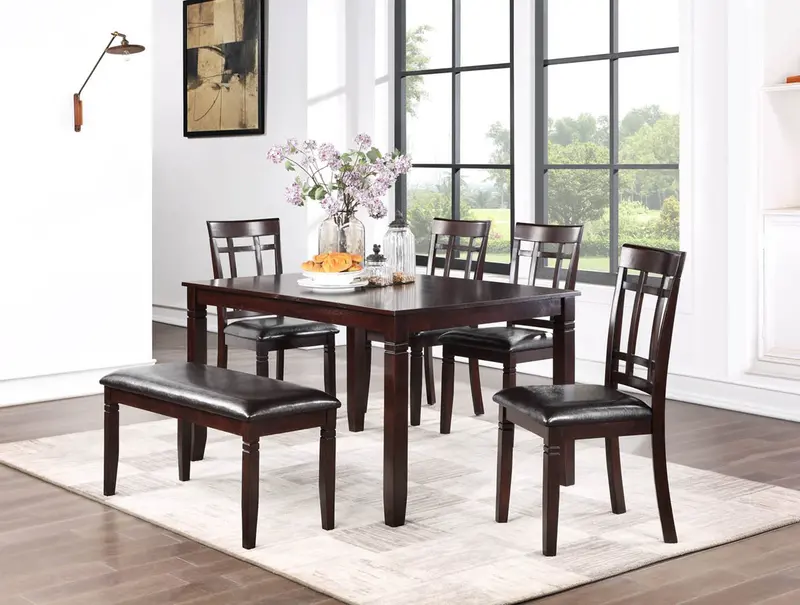 Espresso Transitional Dining Set – 6-Piece Featuring Bench and Padded Chairs