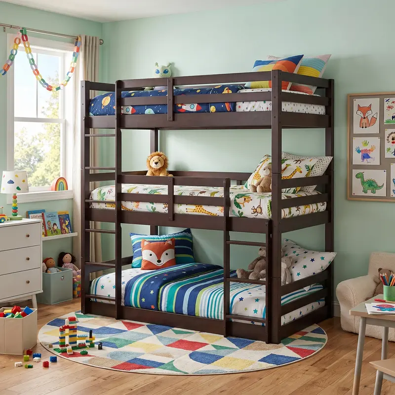 Espresso Triple-Twin Bunk Bed with Full-Safety Rails and Access Ladders
