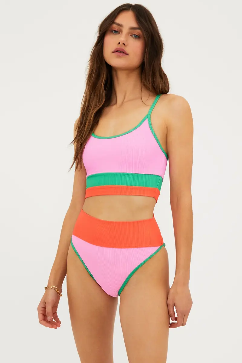 Eva Coral Beach Colorblock Cropped Halter Top