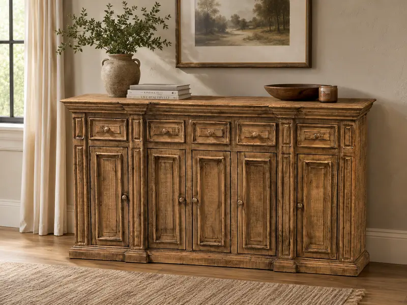 Farmhouse-Style Solid Wood 80-Inch Brown Sideboard Cabinet with Door and Drawer Storage