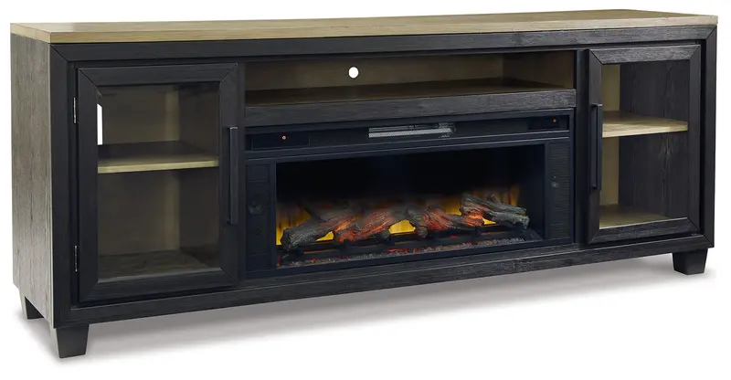 Foyland 83″ Black & Brown TV Stand with Infrared Fireplace Insert