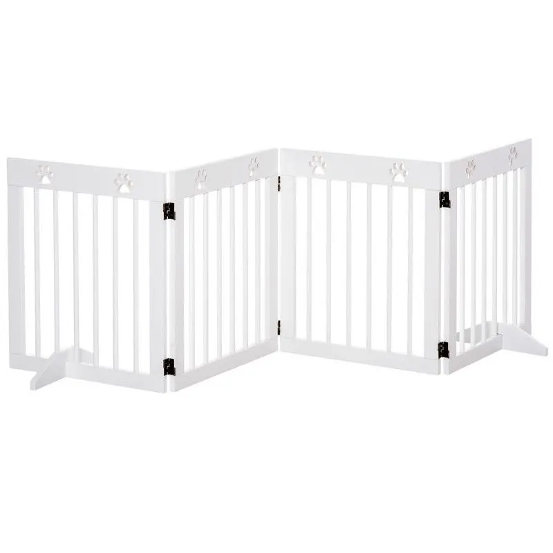 Freestanding 4-Panel Wooden Pet Gate with Support Feet – Adjustable Safety Barrier for Doors or Stairs – White