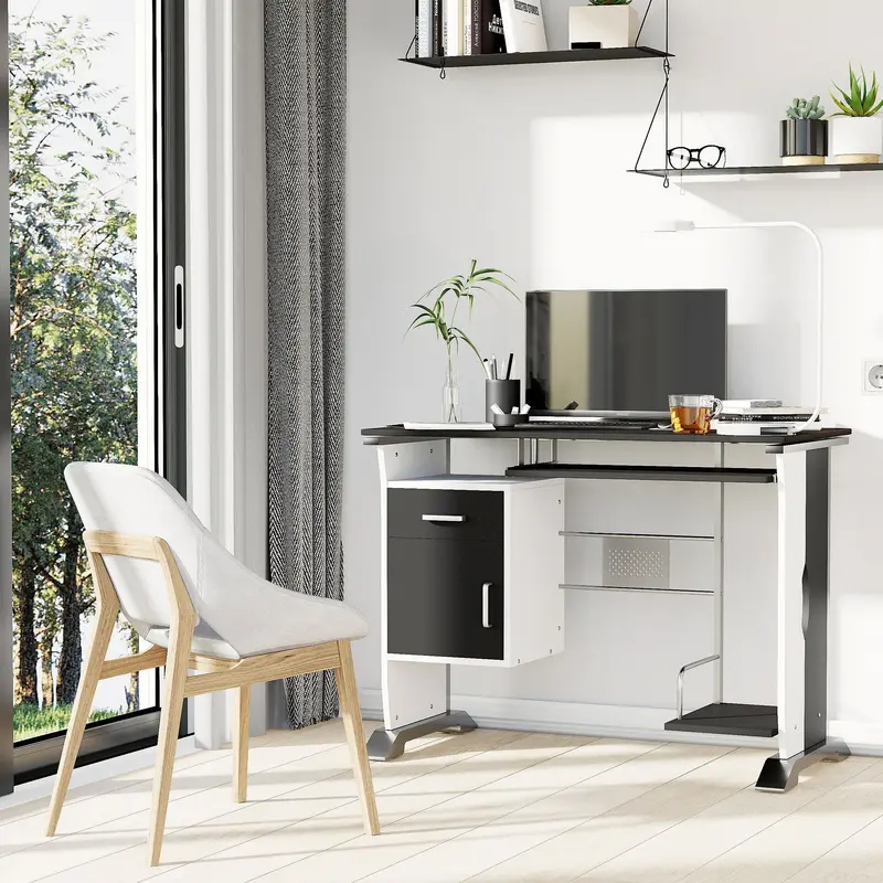 Functional Computer Desk – Black Workstation with Sliding Keyboard Tray, Storage Drawers & Host Shelf