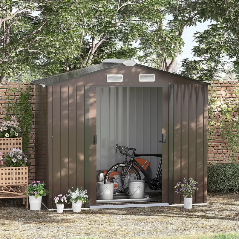 Galvanised Steel Apex Garden Shed – 7ft x 4ft Double-Door Lockable Storage, Brown