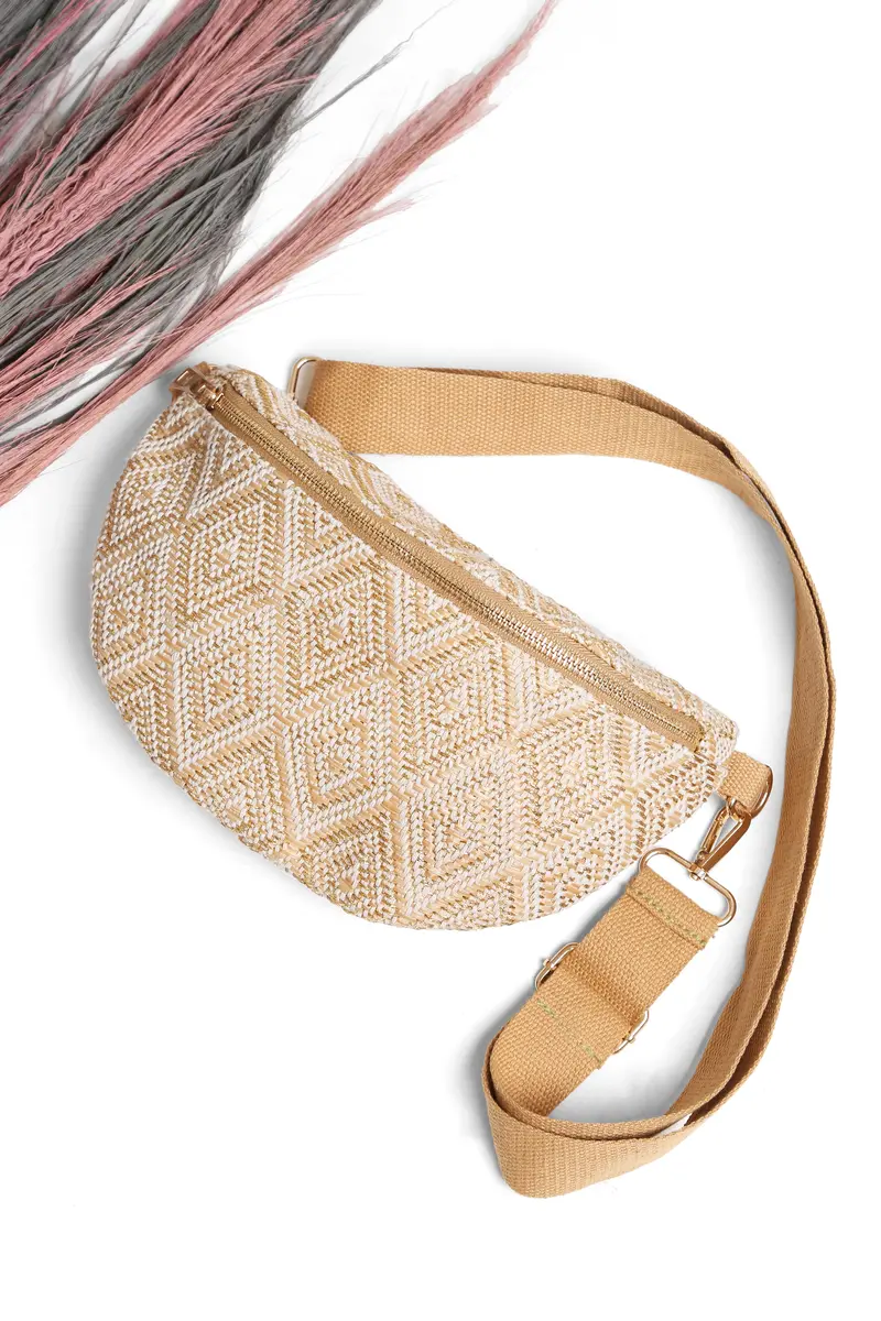 Geometric Diamond Sling Bag – Beige Canvas
