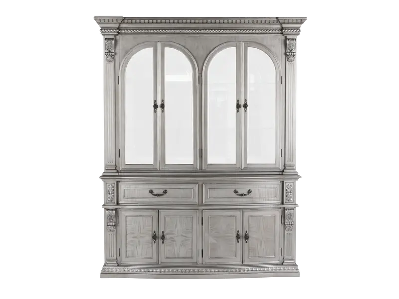 Glam Silver Buffet and Hutch China Cabinet with Glass-Front Display Shelving