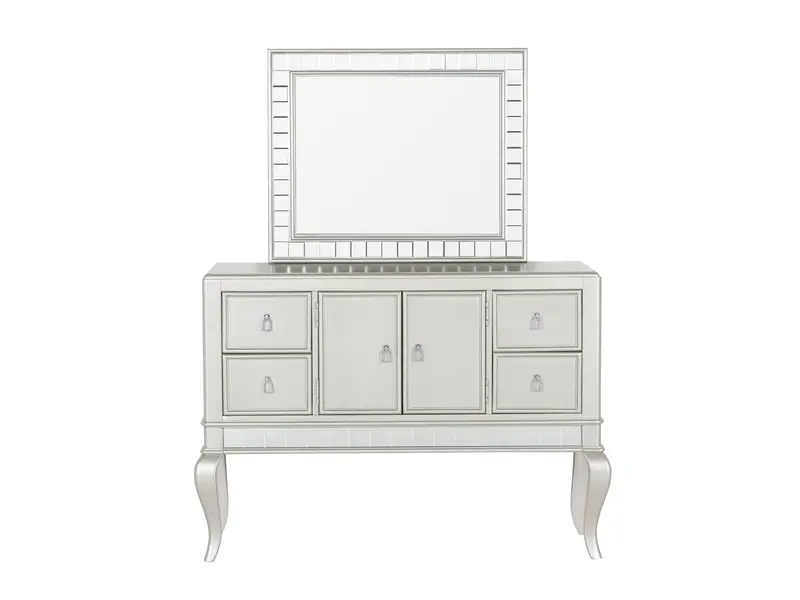 Glam Silver Buffet Server with Mirrored Front Panels and Interior Shelving