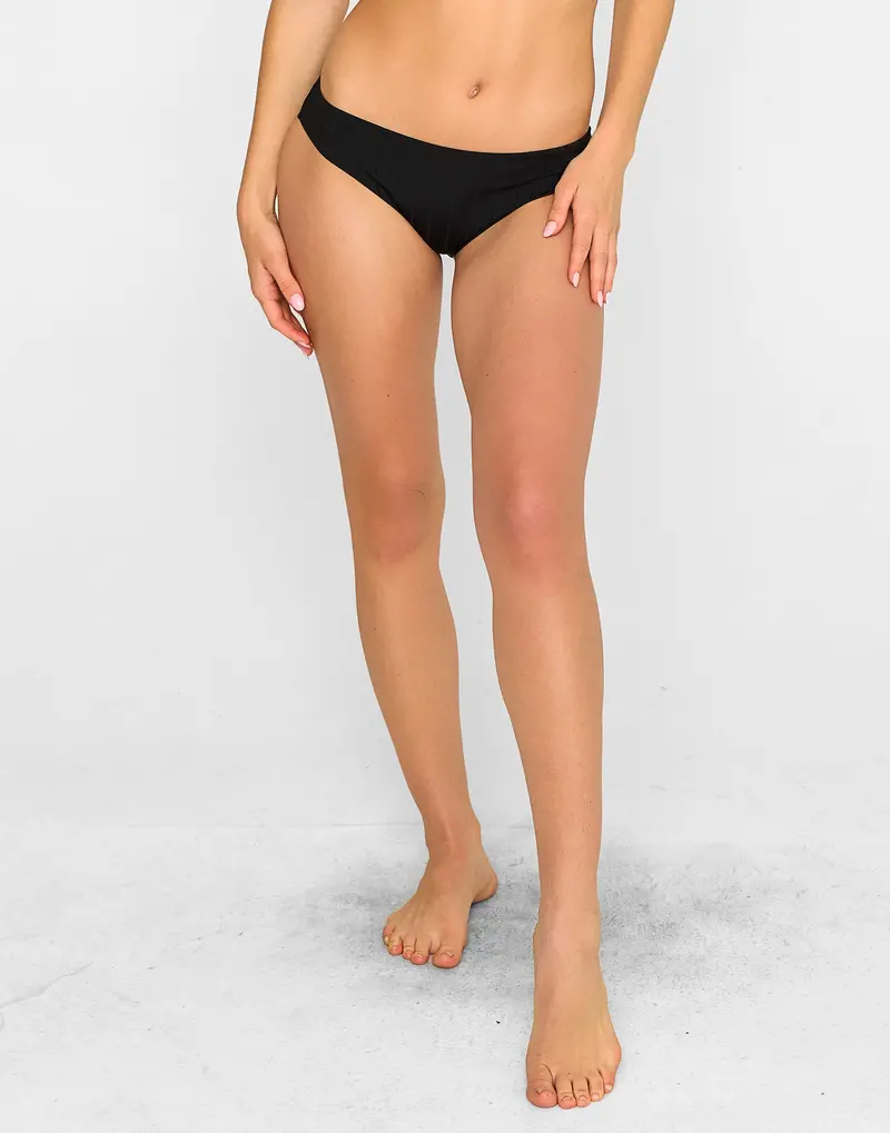 Gloria Black Shiny Ribbed Full-Coverage Bikini Bottom – Modest Yet Stylish