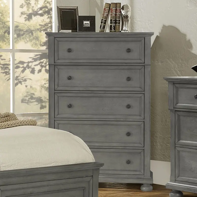 Gray 5-Drawer Panel Chest – Tall Storage Solution for Bedrooms or Living Spaces