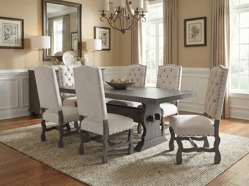 Gray and Ivory Tufted Trestle Dining Set with High-Back Chairs