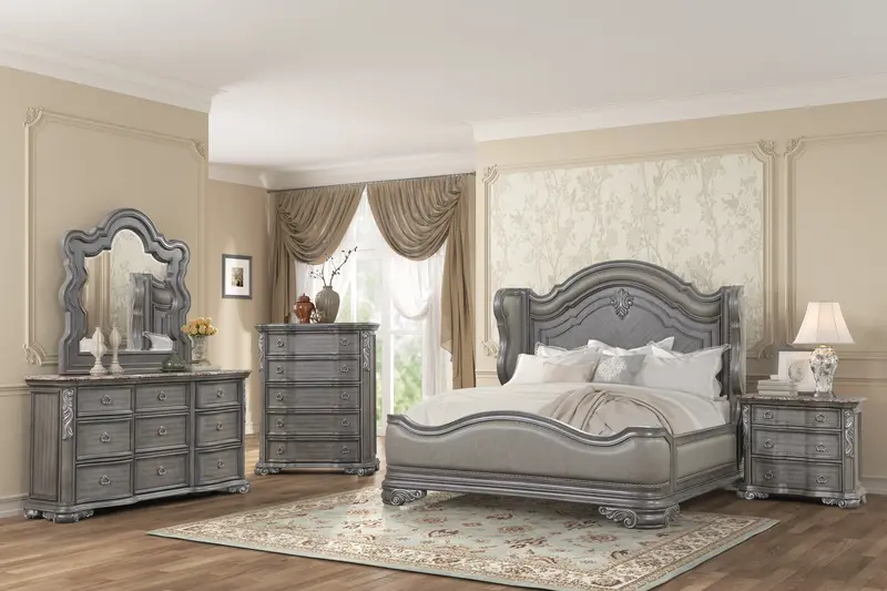 Gray Carved 5-Drawer Bedroom Chest Featuring Decorative Marble Inlay Top