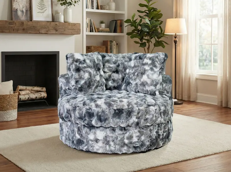 Gray Faux Fur Swivel Accent Chair with Plush Cushioned Seat and Back