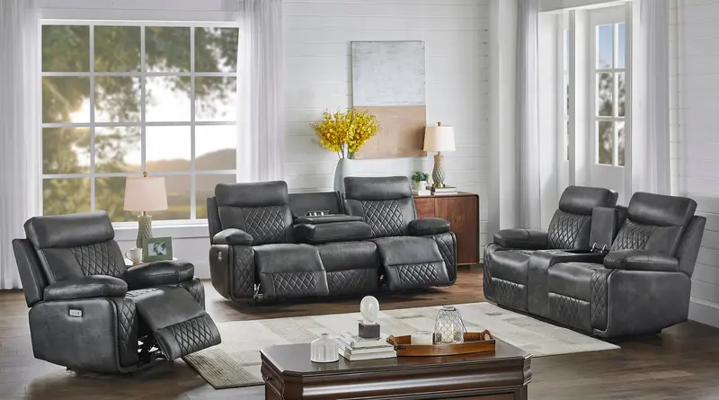 Gray Power Reclining Living Room Set: Quilted Sofa, Console Loveseat & Drop-Down Table