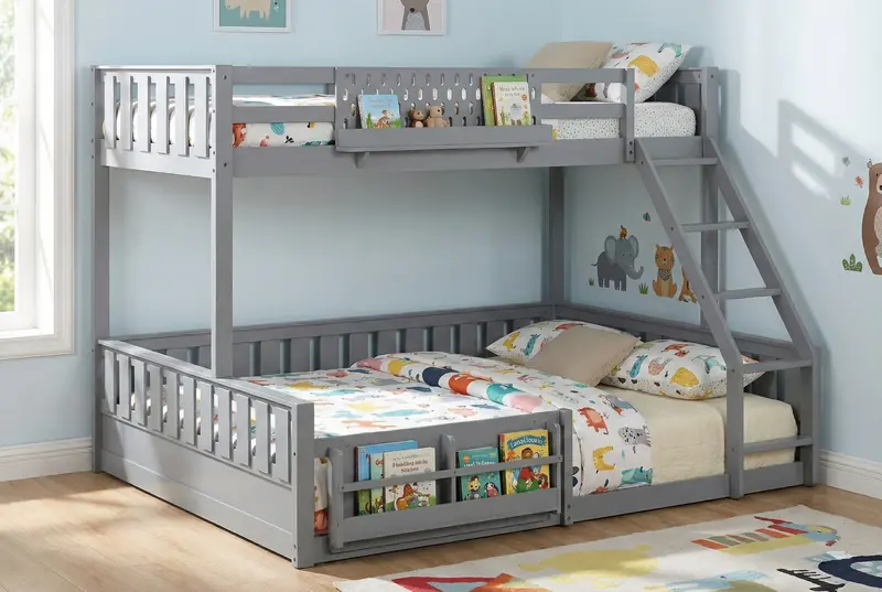 Gray Twin-Over-Queen Bunk Bed with Ladder and Built-In Bookshelf Storage
