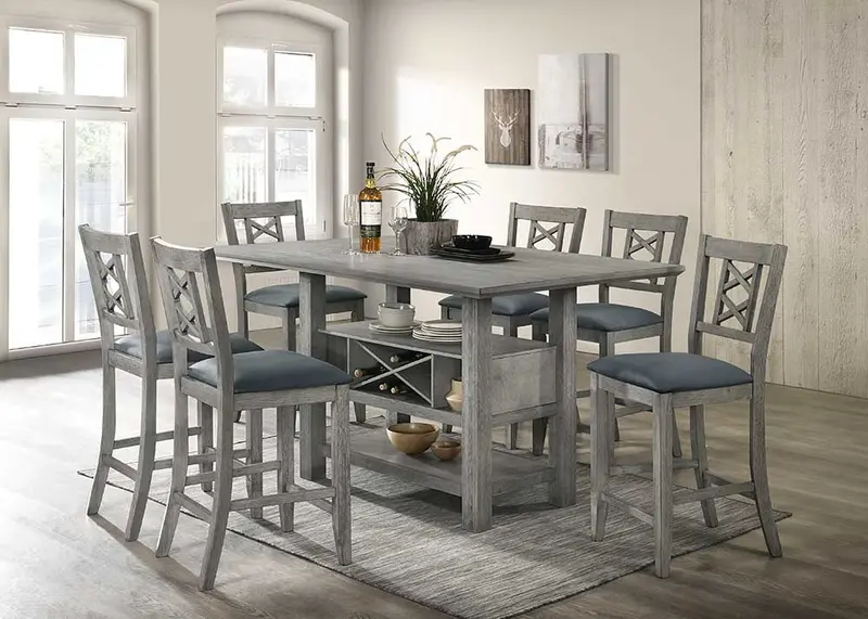 Gray Wood 7-Piece Counter-Height Dining Set Featuring Wine Rack and Storage Shelf