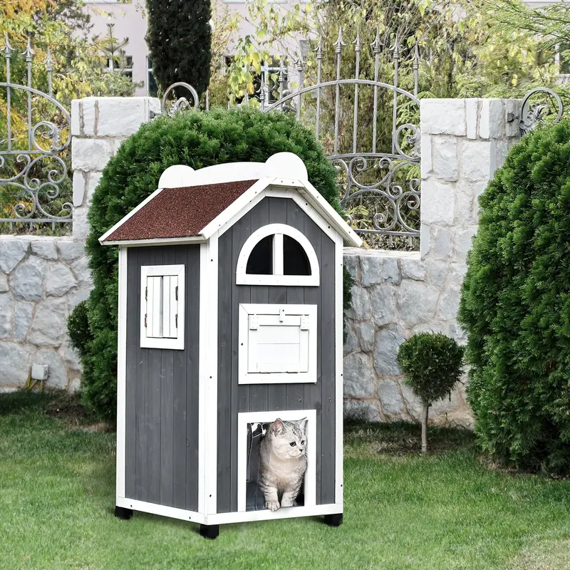 Grey and White Nordic-Style Cat House – Fir Wood Pet Shelter by PawHut