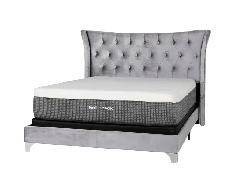 Grey Velvet Wingback Upholstered Bed with Crystal-Tufted Headboard