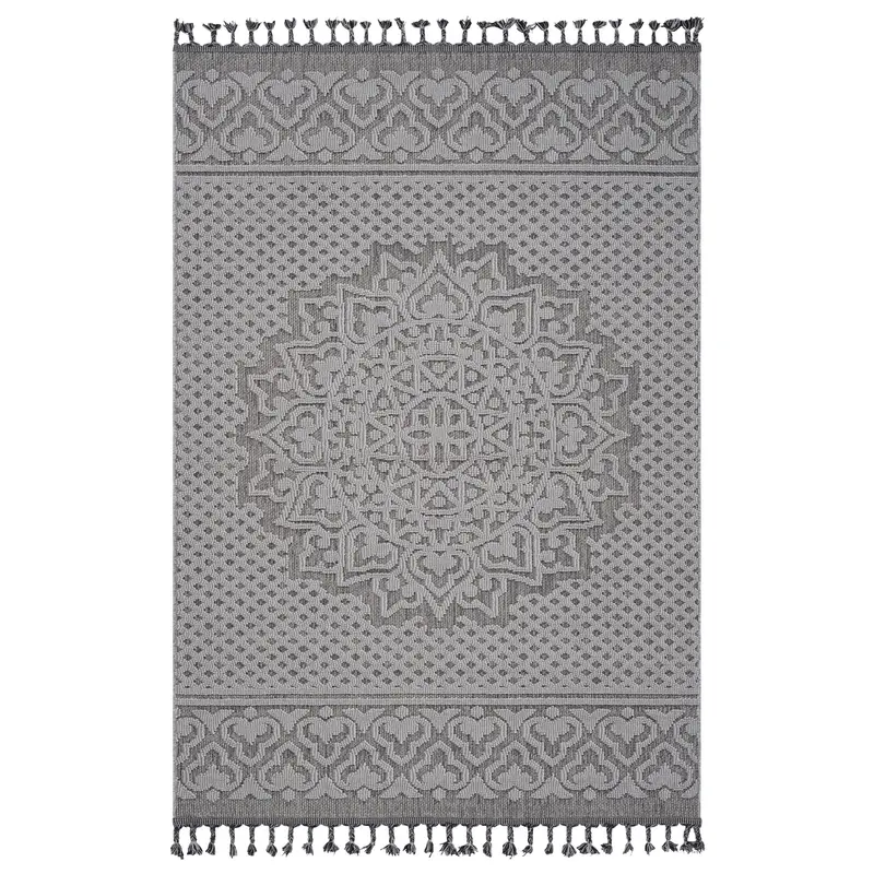 Guros Gray and White 6′ x 9′ Medallion Indoor-Outdoor Area Rug