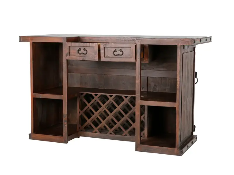 Hacienda Rustic Bar Table with Integrated Wine Storage and Display Shelving