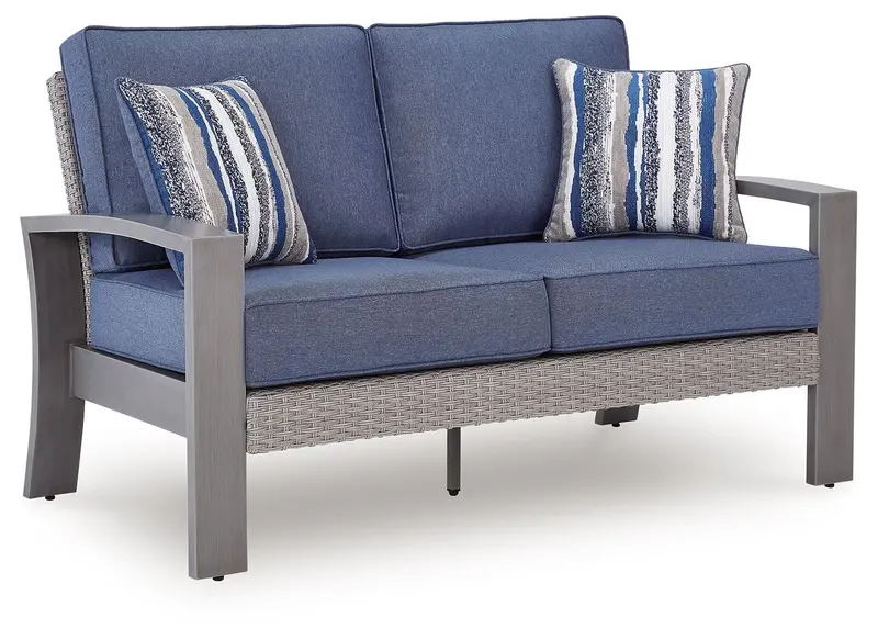 Half Moon Beach Blue and Gray Outdoor Loveseat with Cushioned Comfort