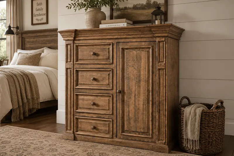 Handcrafted Rustic Chest with Drawers, Cabinet, and Decorative Panels
