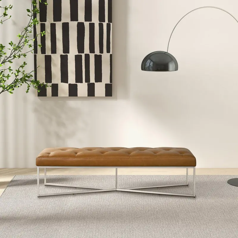 Harper Tufted Bench in Tan Leatherette