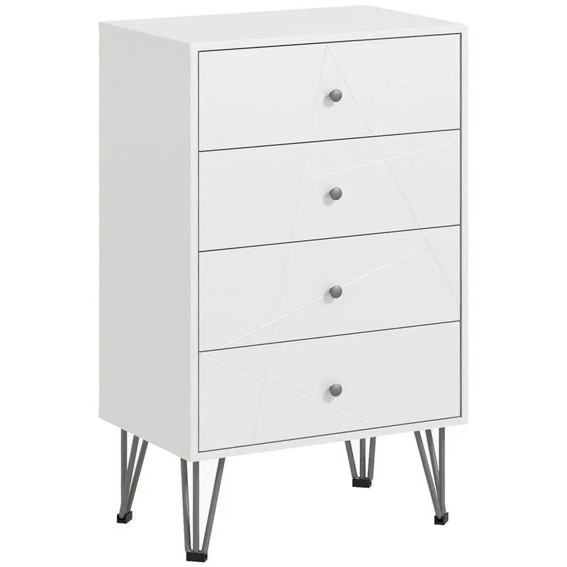 Homcom 4-Drawer Tall Chest of Drawers – Minimalist White Dresser with Hairpin Legs