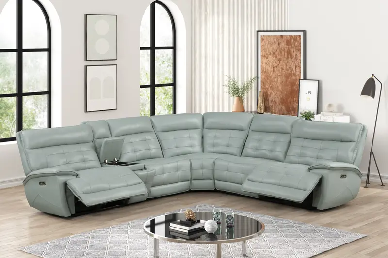 Ice Blue Power Reclining Sectional Sofa with Adjustable Headrests, Storage Console, and USB Ports