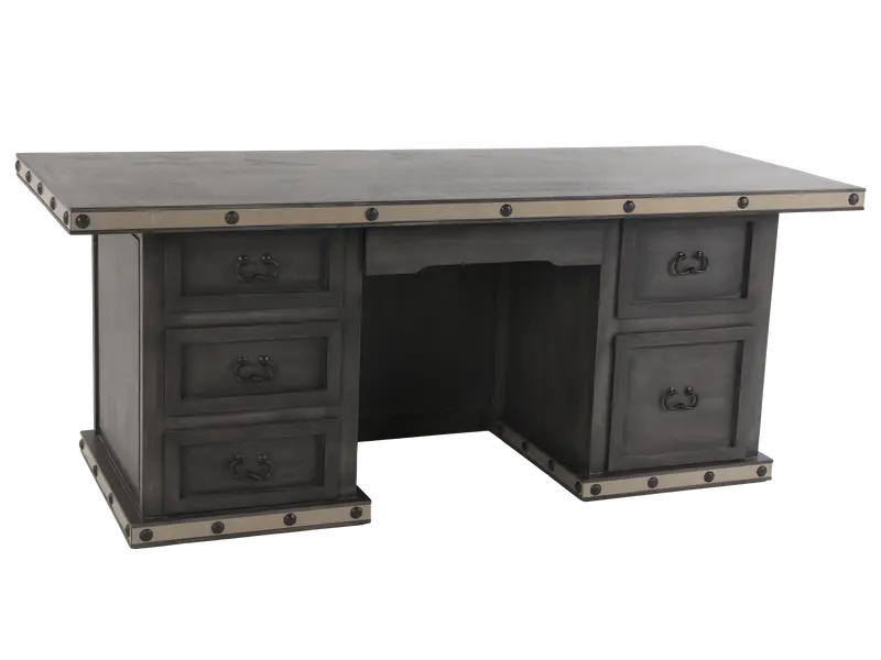 Industrial-Style Gray Executive Desk with Metallic Trim and Storage Drawers